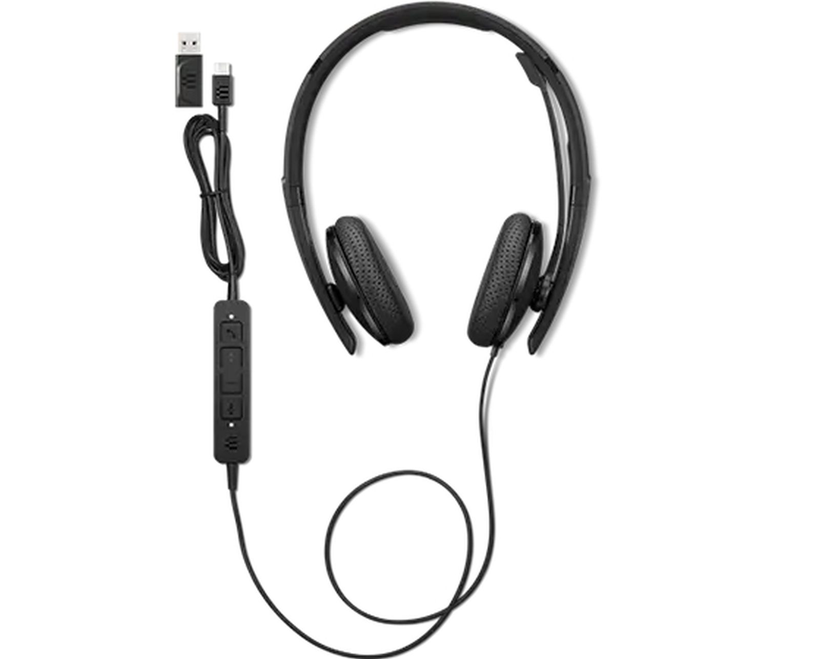 Cuffie nere con archetto, controlli in linea e adattatore USB.