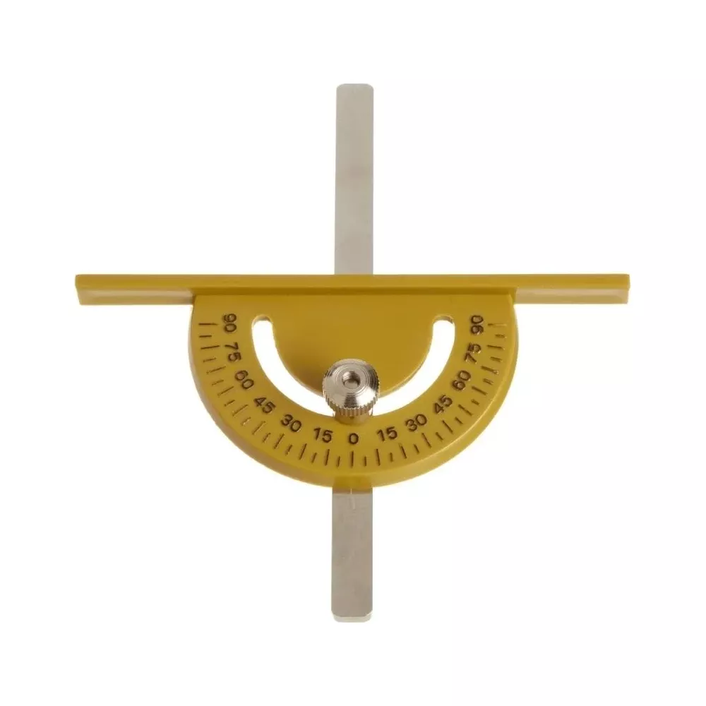 Un goniometro giallo con braccio metallico e segni di gradi da 0 a 90.