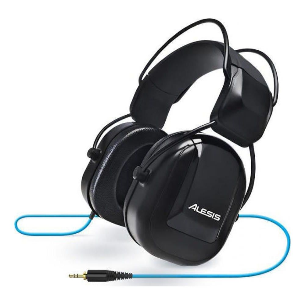 Cuffie nere con cavo blu e spina da 3,5 mm su sfondo bianco.
