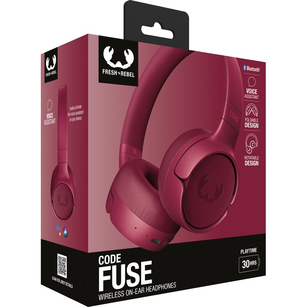 Verpackung von Fresh 'n Rebel Code Fuse Kopfhörern in Burgunderrot mit Produktabbildung.