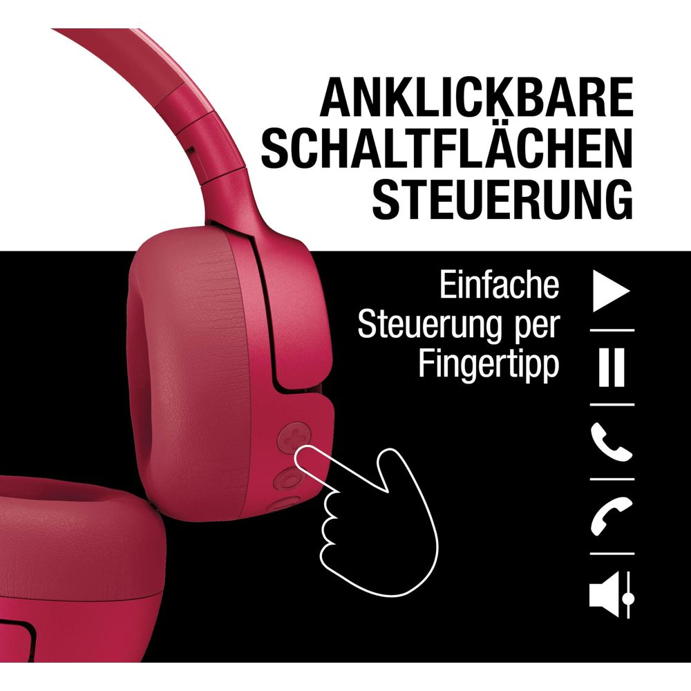 Rote Kopfhörer mit Fingertipp-Steuerung und Symbolen.