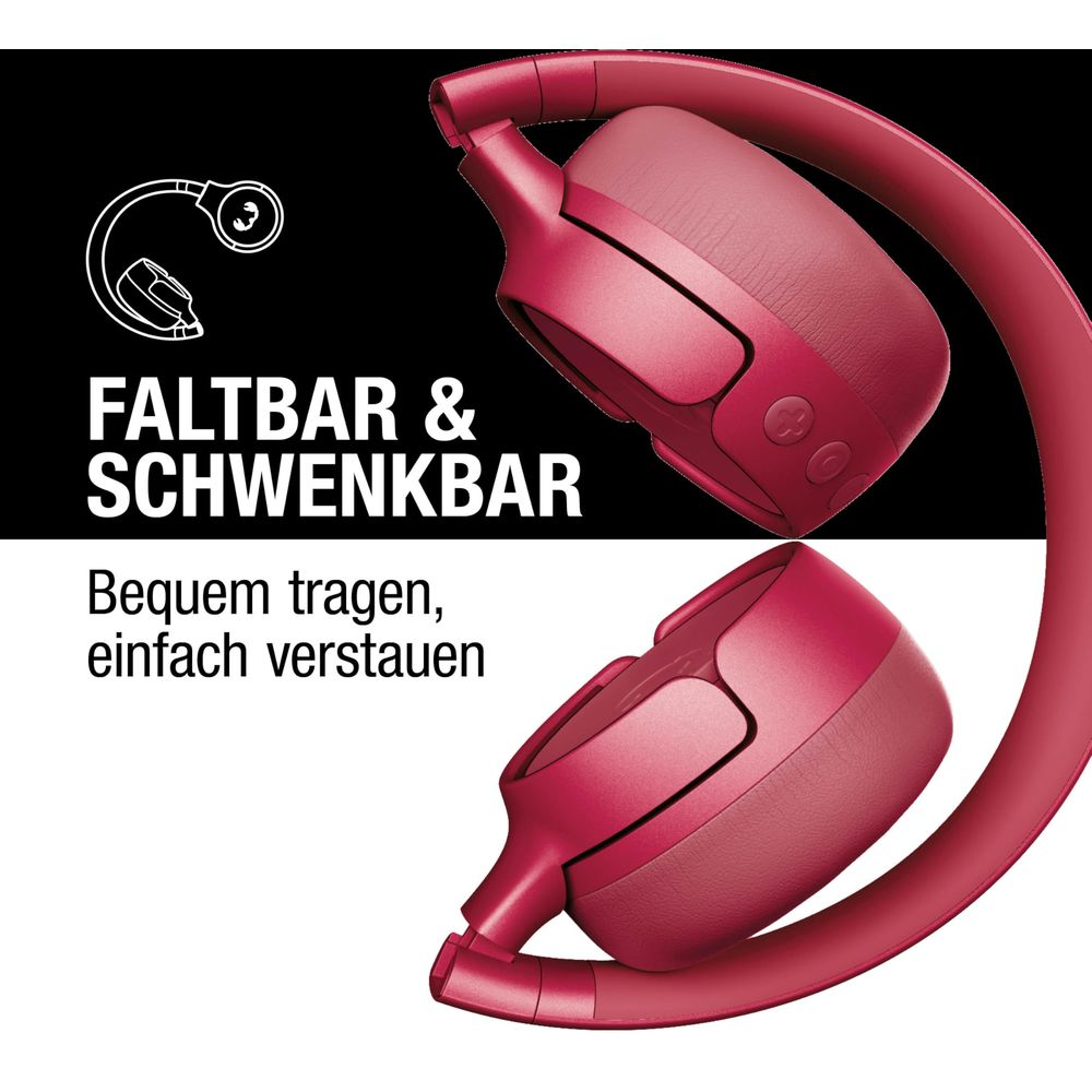 Rote faltbare Kopfhörer mit schwarzen Text-Overlays.