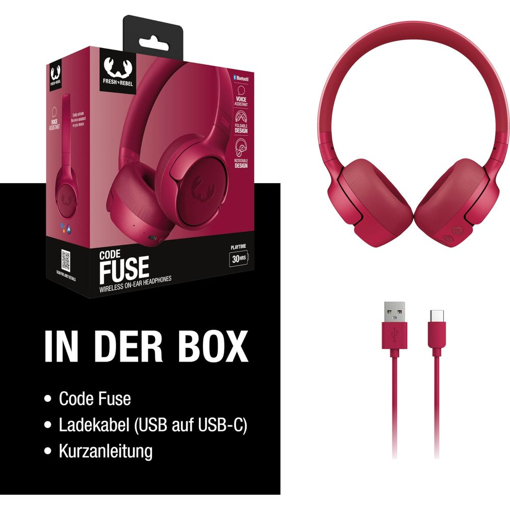 Rote Kopfhörer mit Ladekabel und Verpackung, mit Produktinformationen.