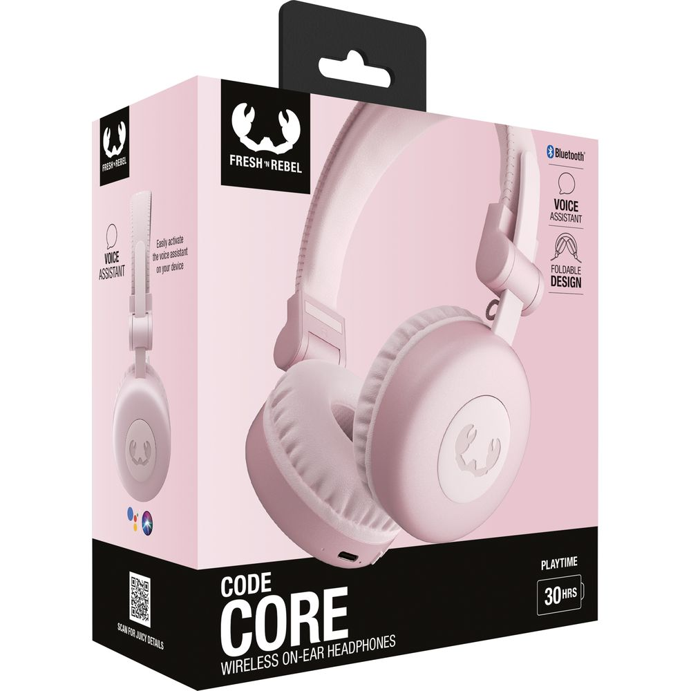 Rosa Fresh 'n Rebel Kopfhörer in einer Box mit 'Code Core'-Branding und 30 Std. Spielzeit.