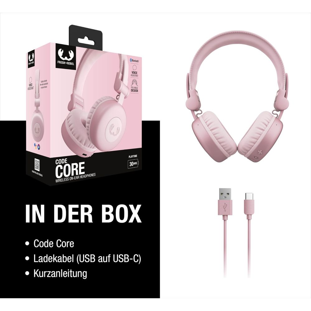 Rosa Kopfhörer mit Ladebox und Kabeln. Auf der linken Seite ist die Verpackung abgebildet.