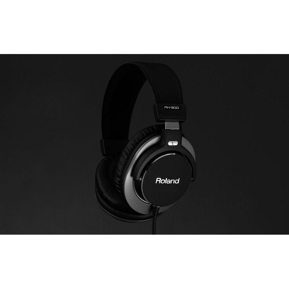 Casque Roland RH-300 noir avec accents argentés sur fond noir.