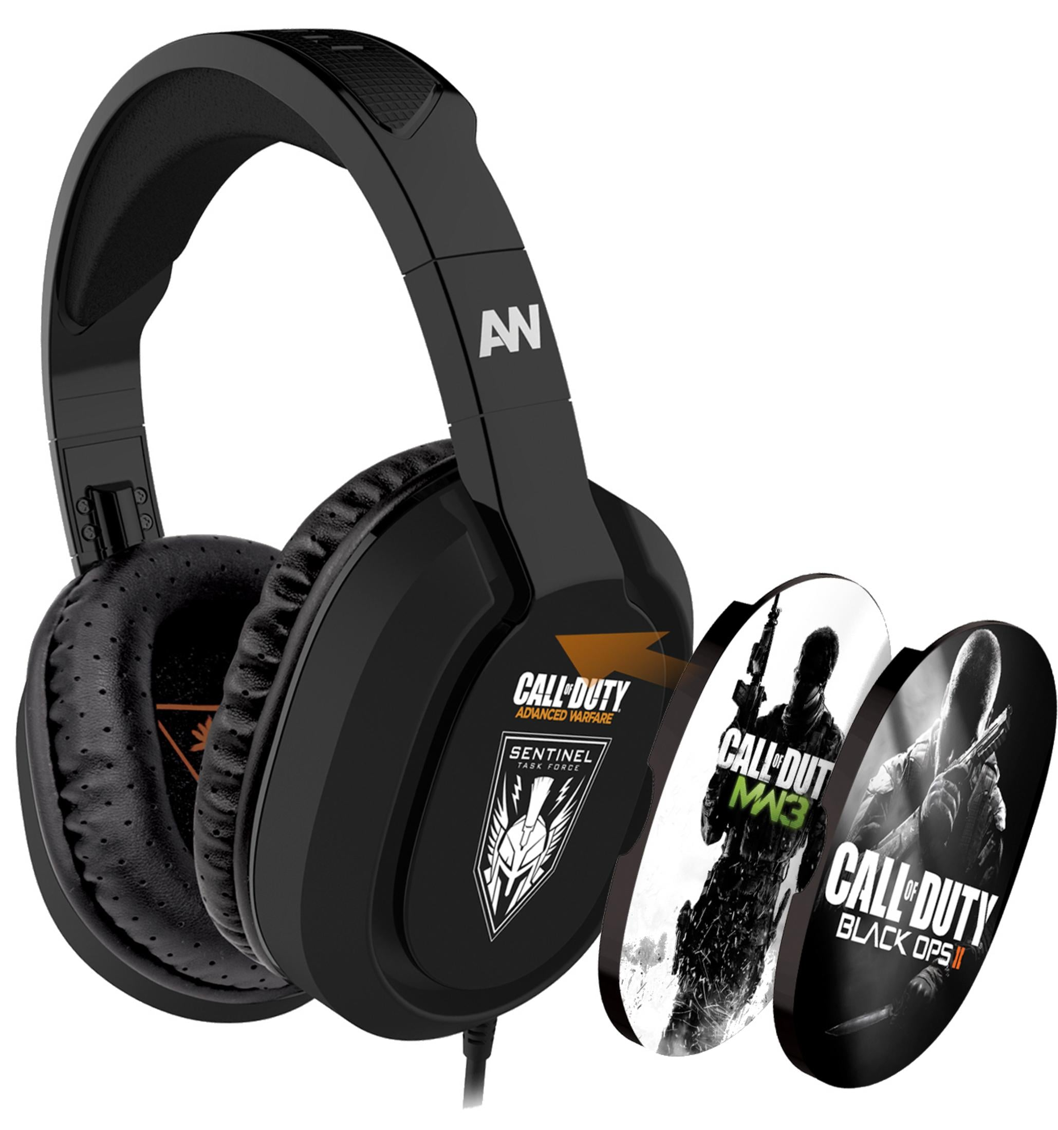 Cuffie da gioco nere con temi Call of Duty e tre copertine di giochi.