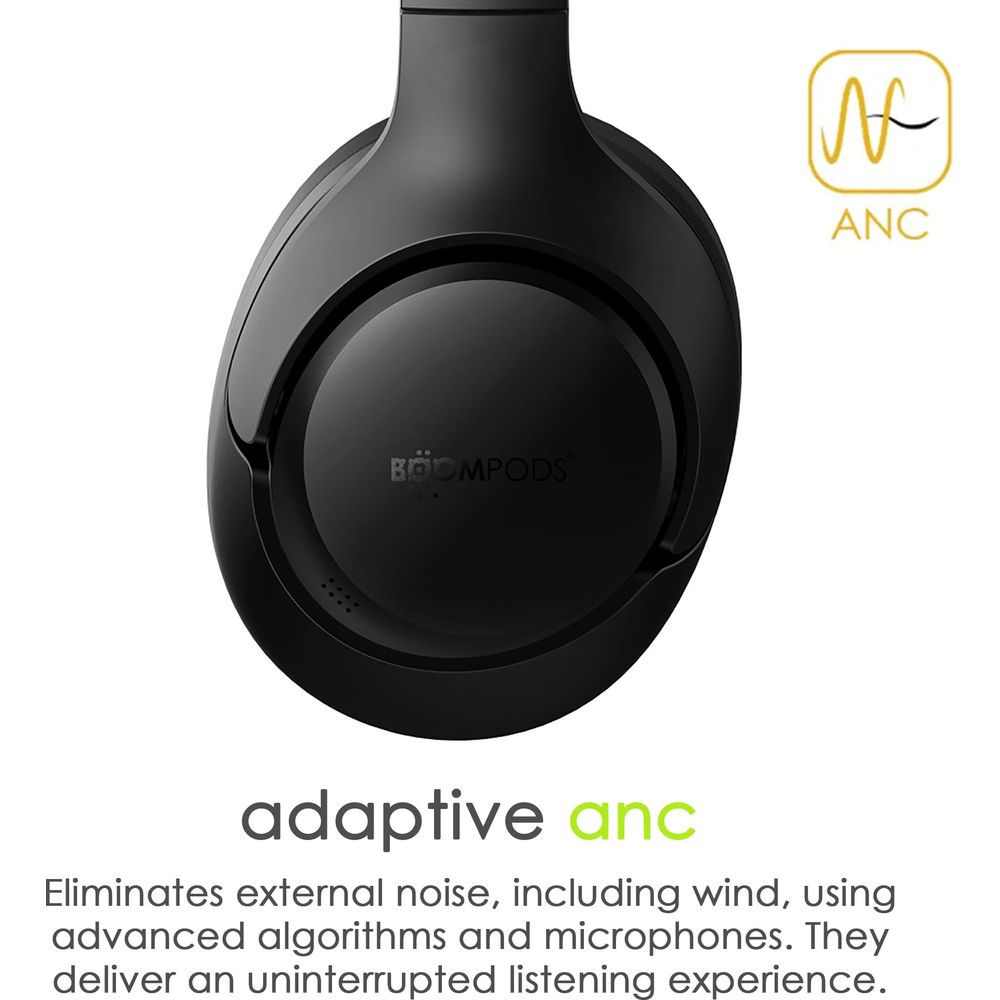 Casque noir avec logo et texte ANC adaptatif.