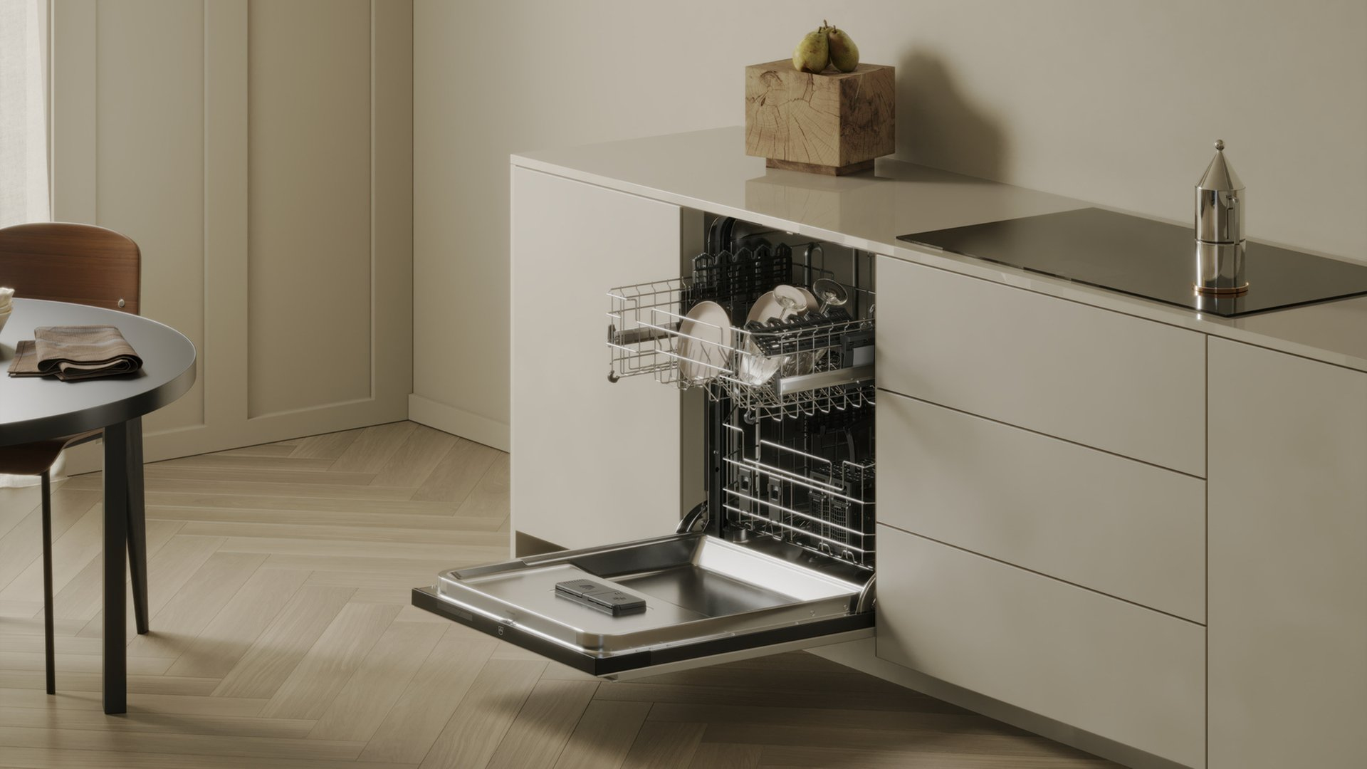 Una lavastoviglie aperta con piatti all'interno. Un bancone da cucina moderno con caffettiera.