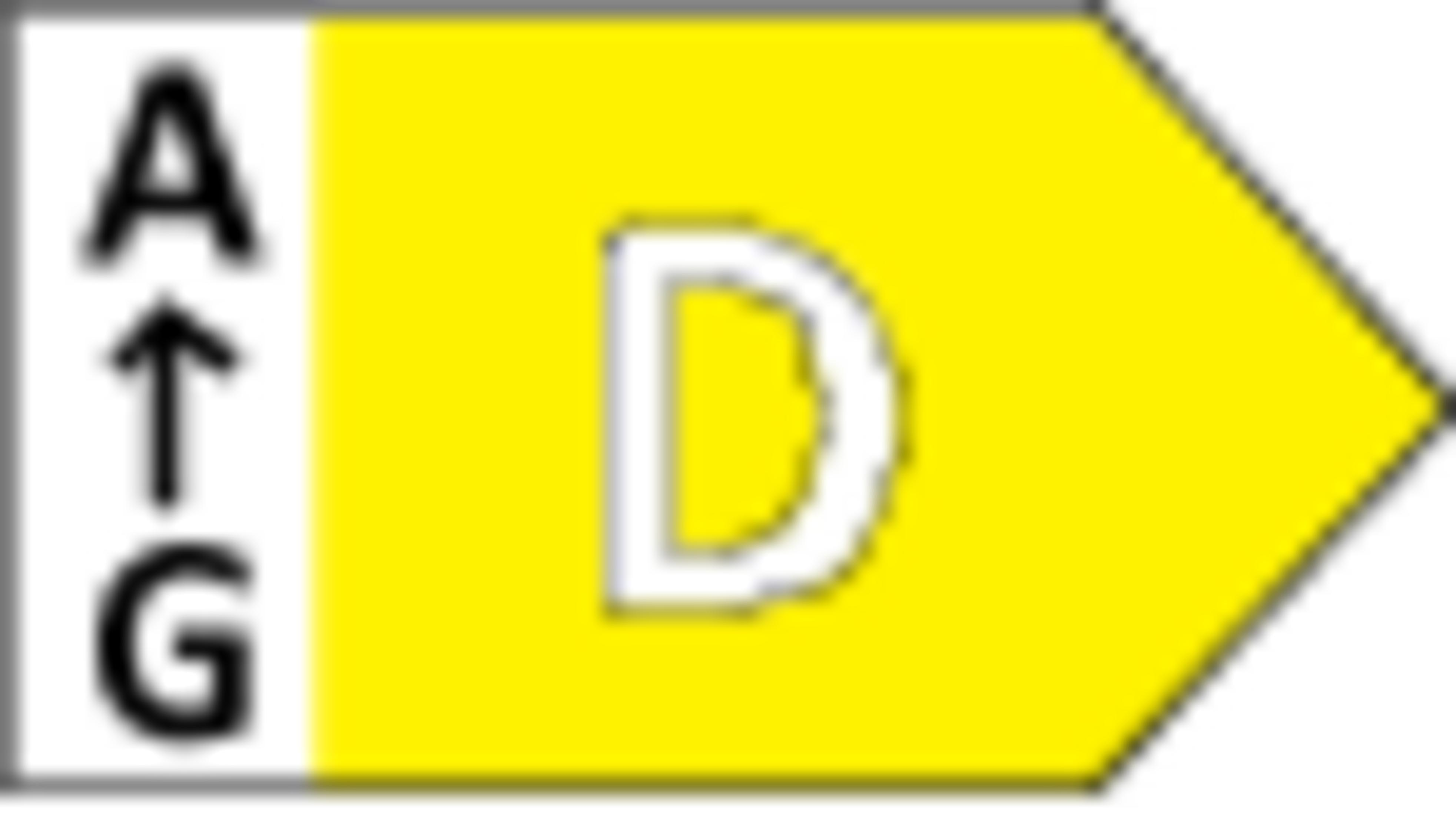 Etichetta efficienza energetica: A-G, con D in campo giallo.