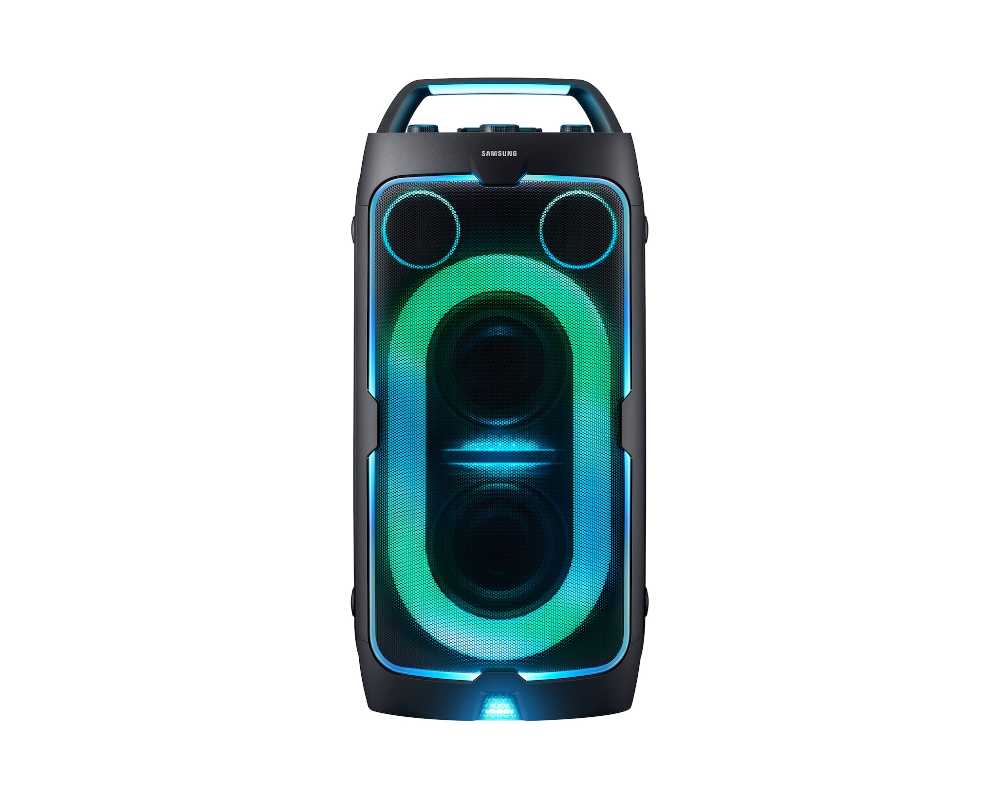 Ein schwarzer Samsung-Lautsprecher mit bunten Lichtern.
