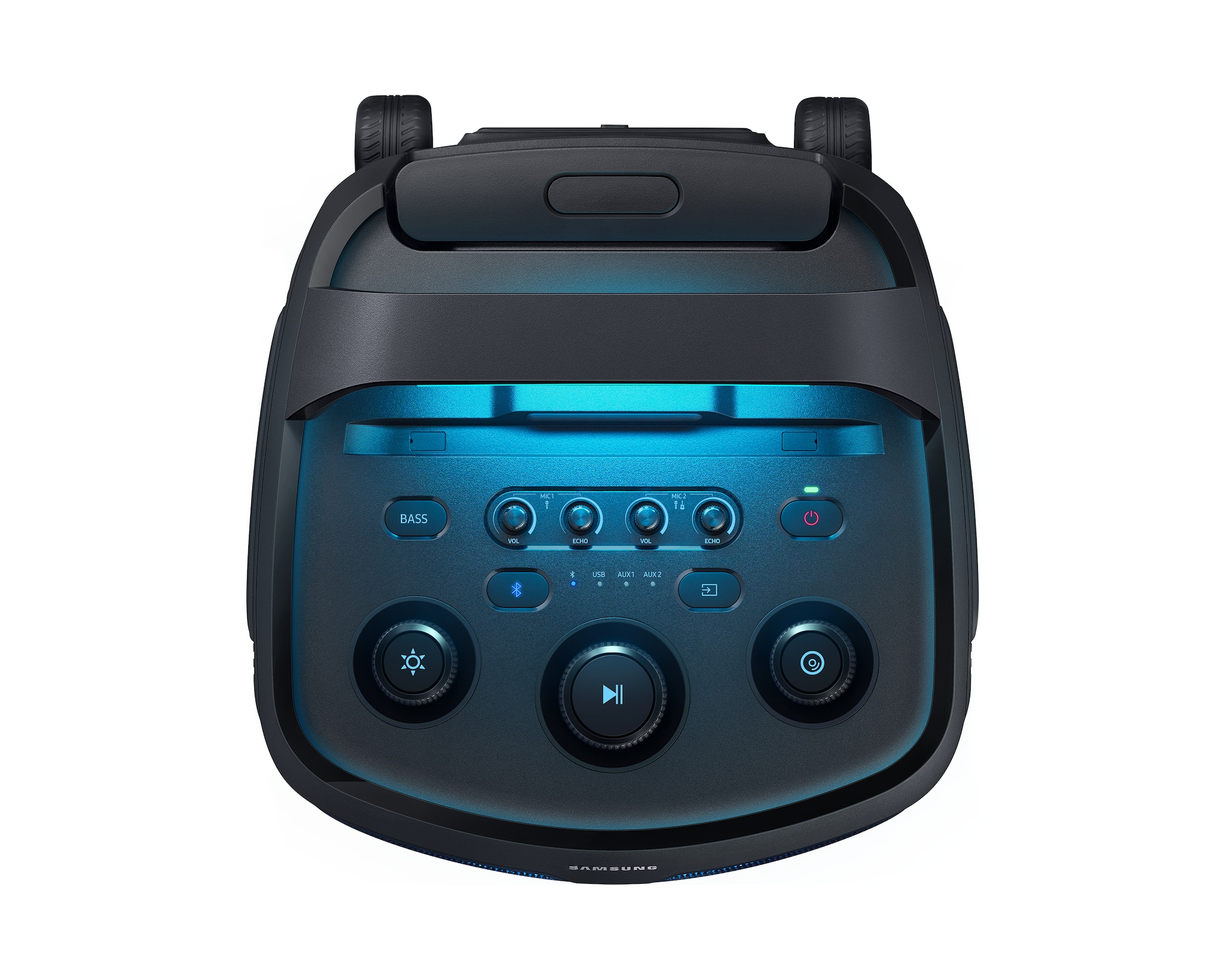 Schwarzer Samsung Party-Lautsprecher mit blauen Lichtern und Bedienelementen.