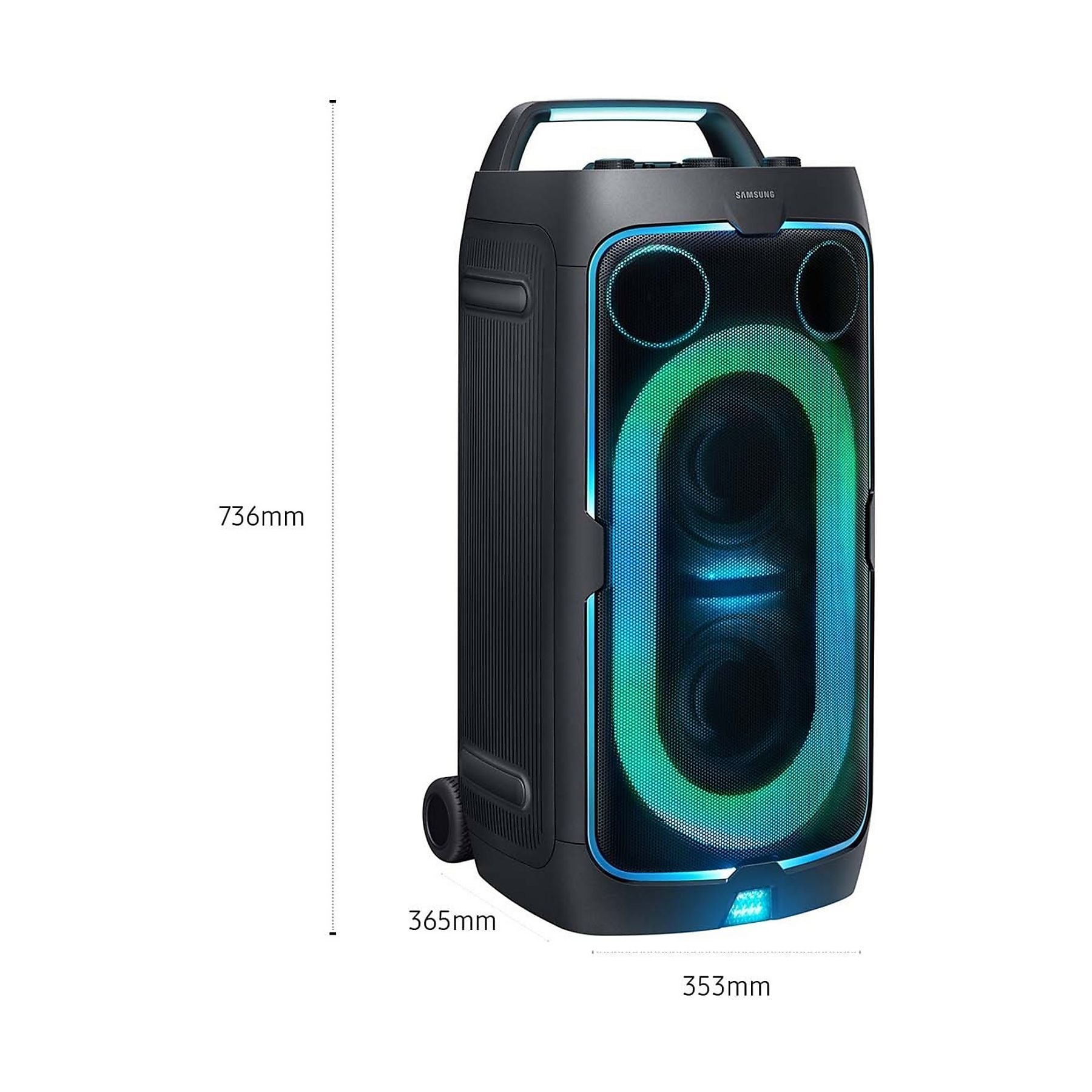 Schwarzer Samsung Lautsprecher mit Rädern, beleuchteten Ringen und Griff.