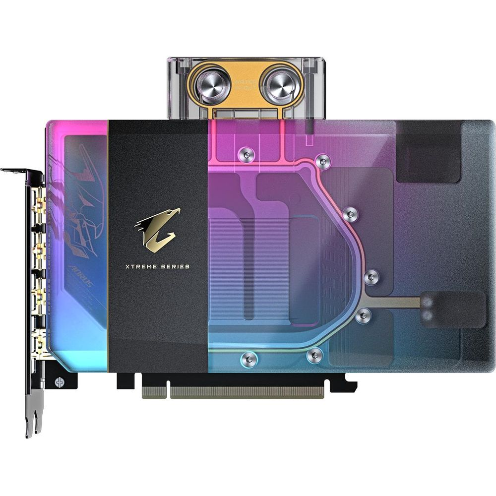 Grafikkarte mit Wasserkühlung, Aorus-Logo, RGB-Beleuchtung.