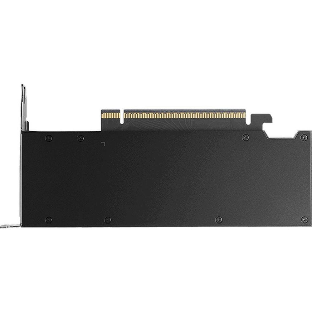 Una scheda grafica per computer nera su sfondo bianco.