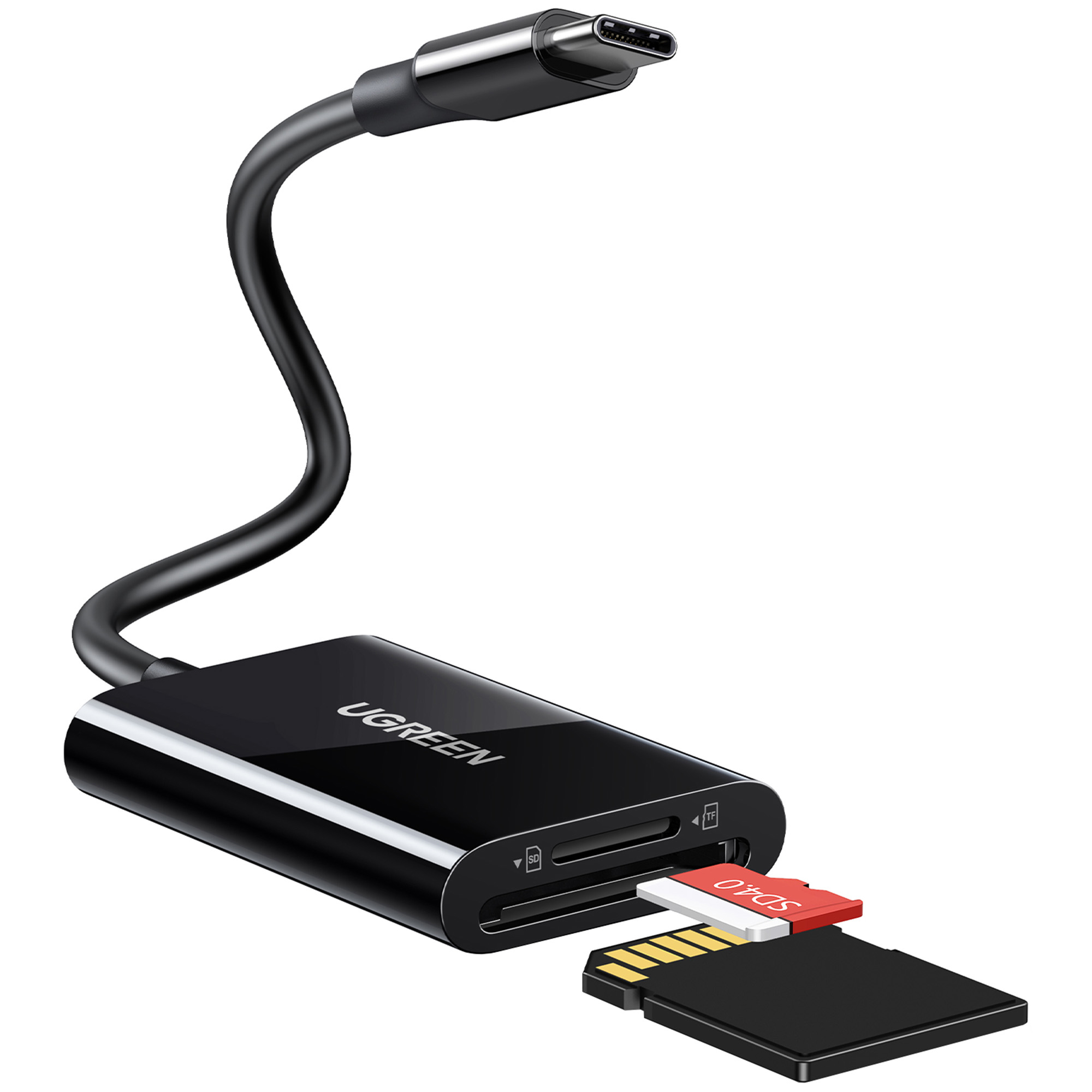 Czarny czytnik kart ze złączem USB-C i gniazdami kart SD/TF.