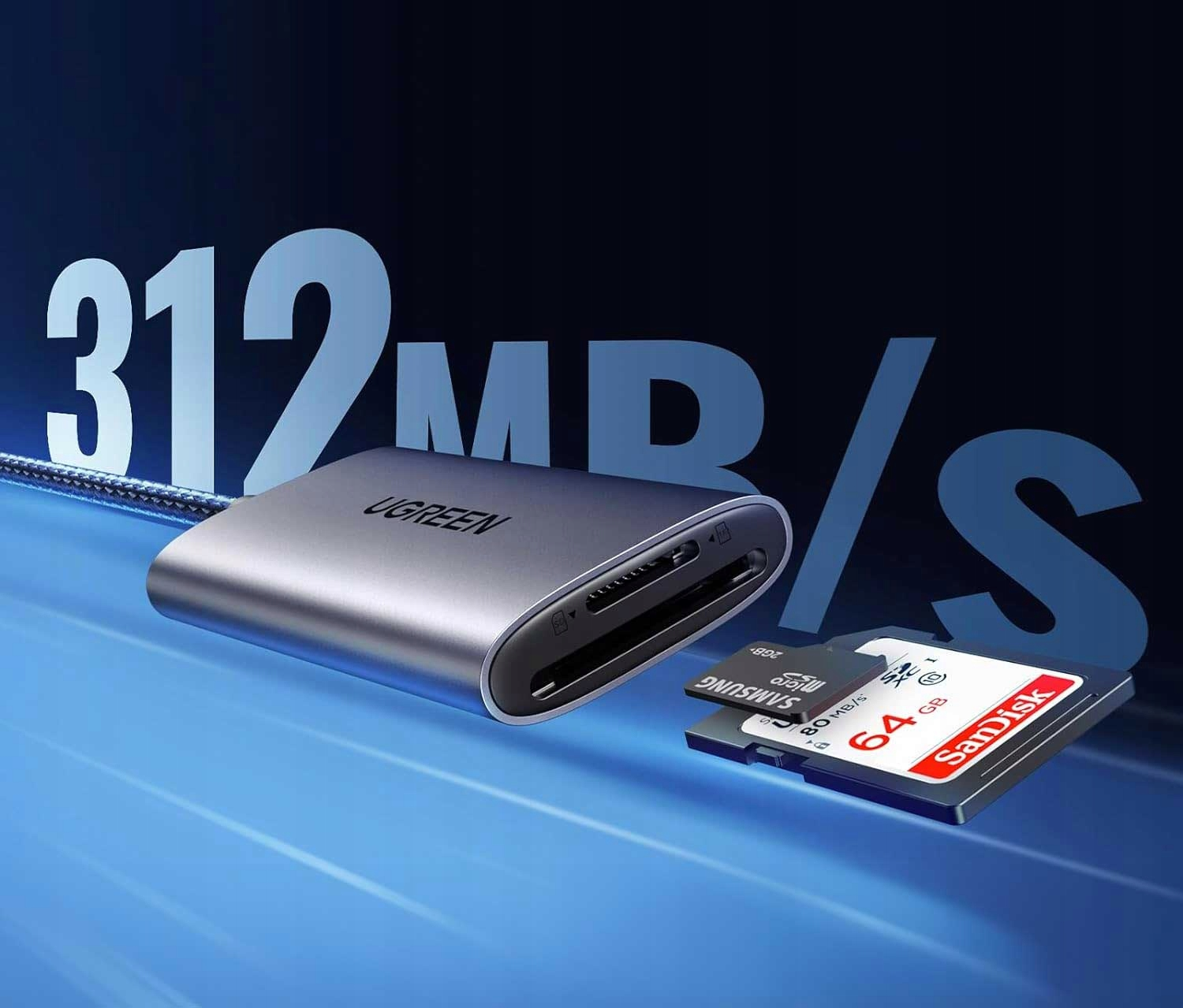 Czytnik kart UGREEN z kartami pamięci Samsung i SanDisk. Prędkość: 312MB/s.
