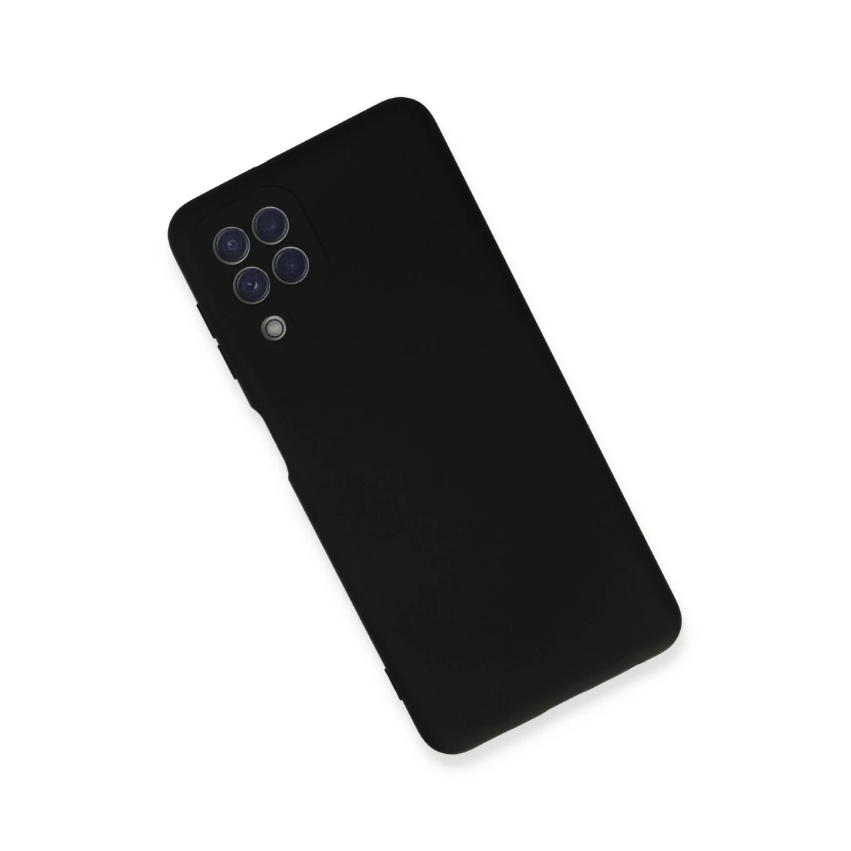 Arkada dört kamera ve flaşa sahip siyah akıllı telefon, beyaz arka plan üzerinde.