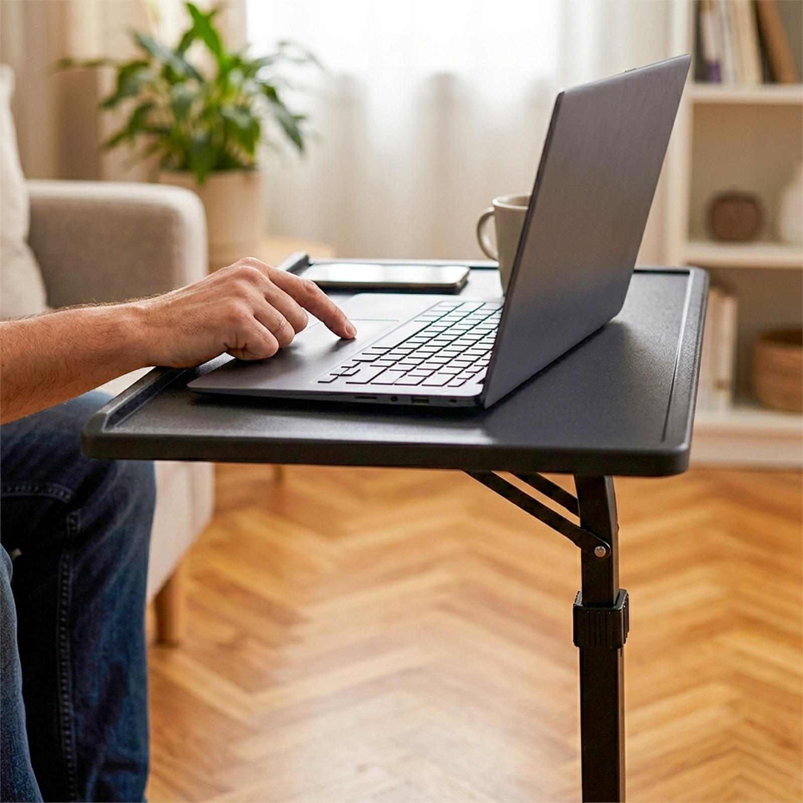 Una persona usa una laptop en una mesita auxiliar en una sala de estar.
