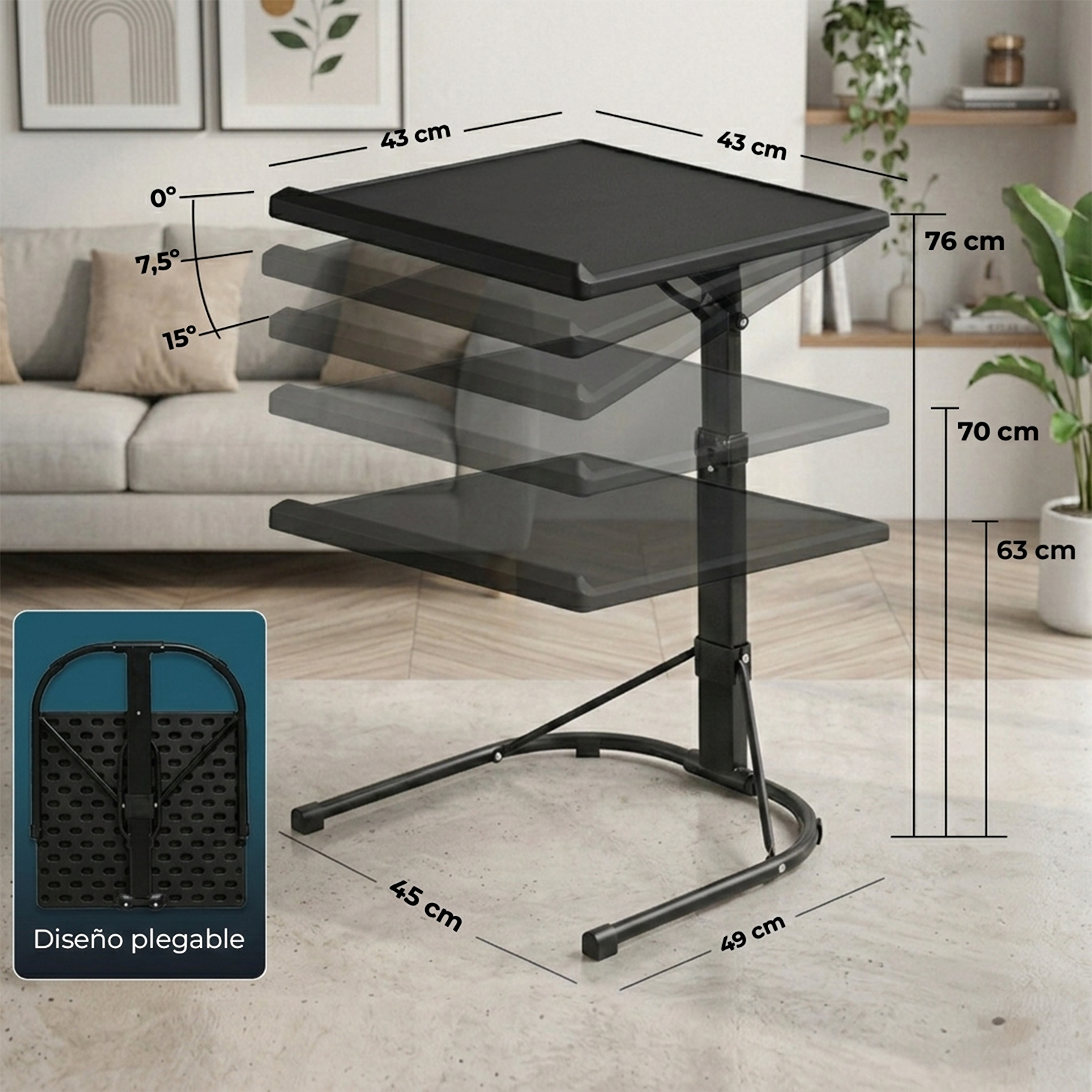 Mesa negra ajustable de varios niveles con dimensiones.