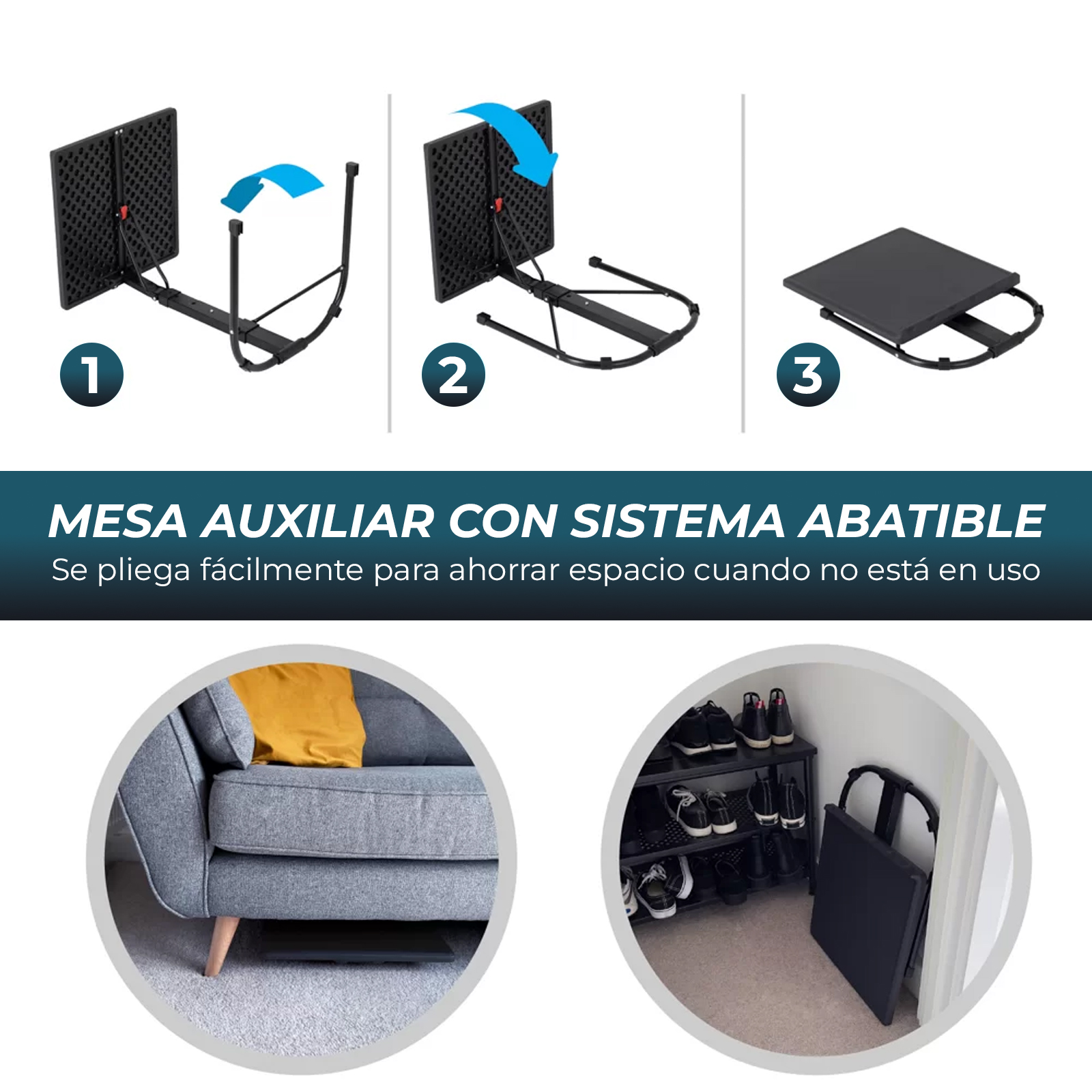 Instrucciones: mesa plegable se abre/cierra. Sofá con cojín amarillo. Zapatero.