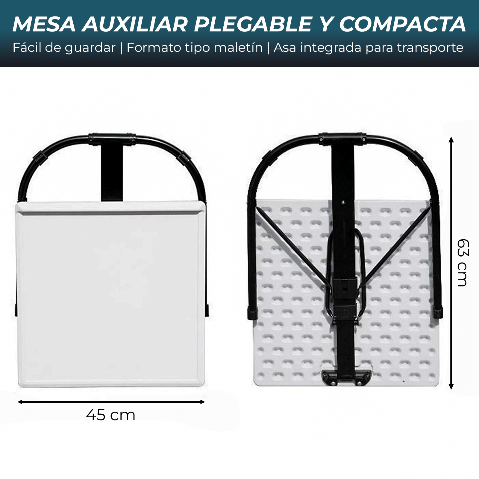 Superficie de mesa plegable blanca con marco metálico negro, 45 cm de ancho.