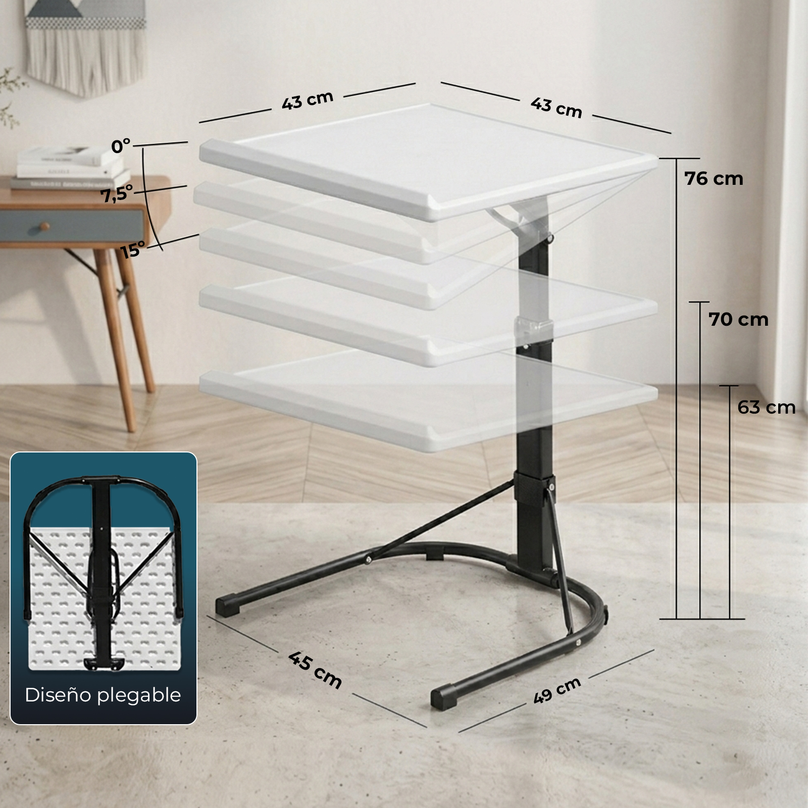 Una mesa blanca regulable en altura con cuatro niveles y patas metálicas negras.