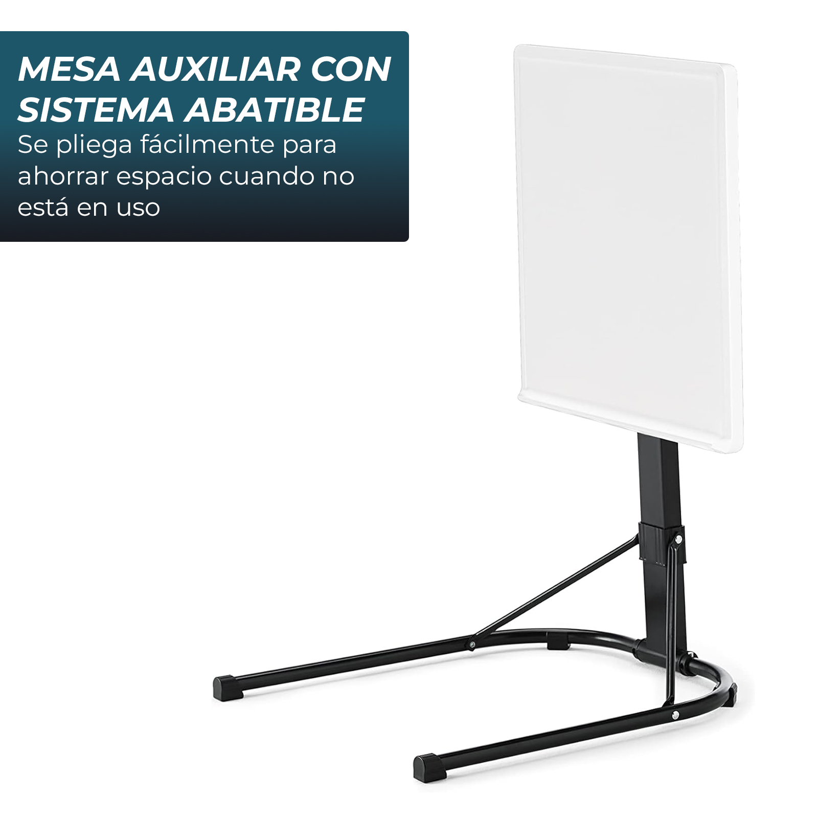 Una mesa auxiliar blanca plegable con base de metal negro.