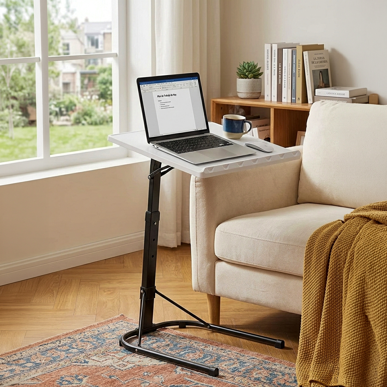 Un portátil está sobre una mesa ajustable junto a un sofá con manta amarilla.