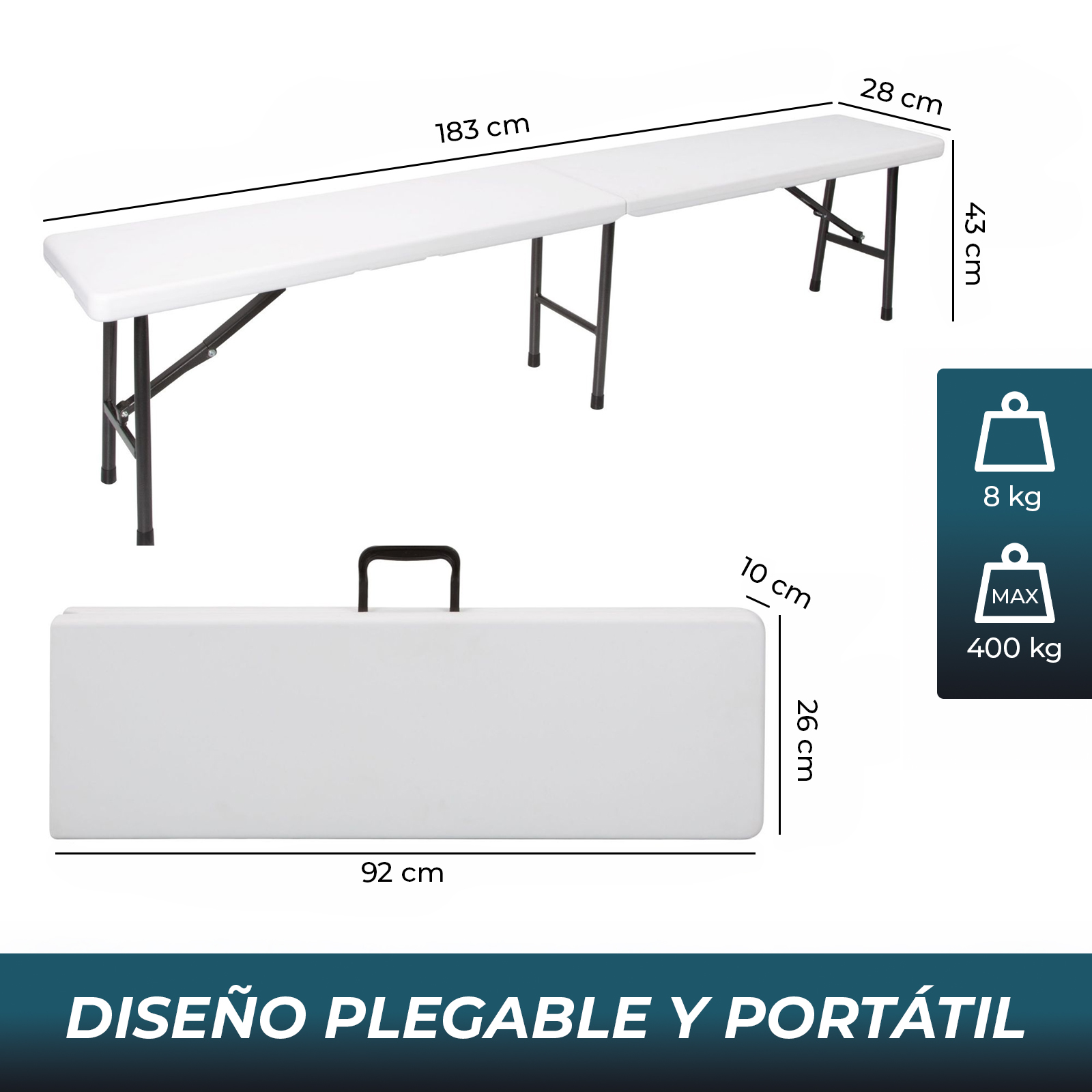 Banco plegable blanco, 183cm largo, 28cm ancho, 43cm alto. Plegado 92x26x10cm.
