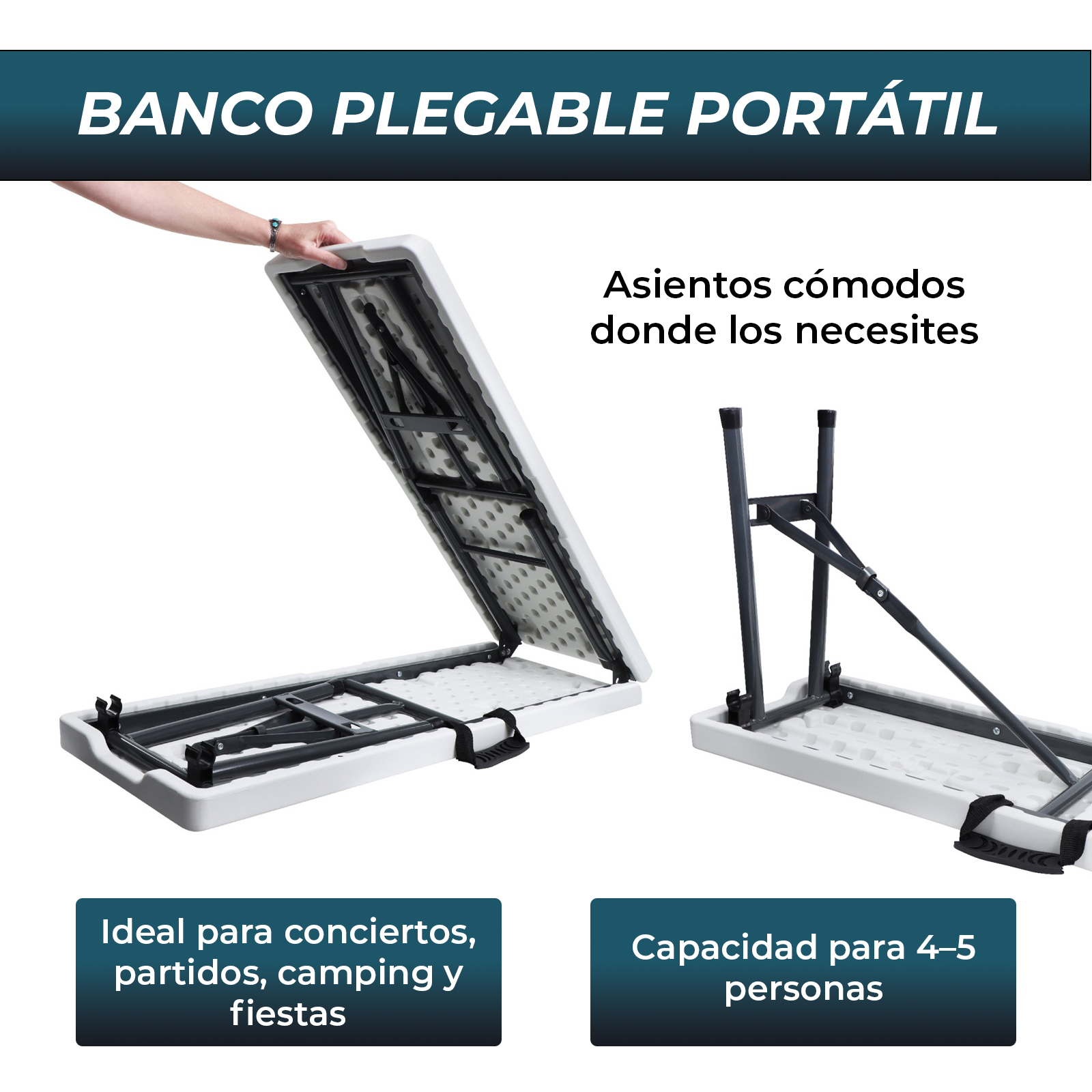 Un banco plegable blanco con patas metálicas se muestra plegado y desplegado.