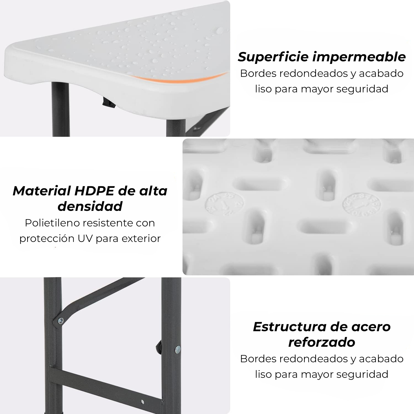 Tablero blanco con efectos de agua, patas de acero y textura de HDPE.