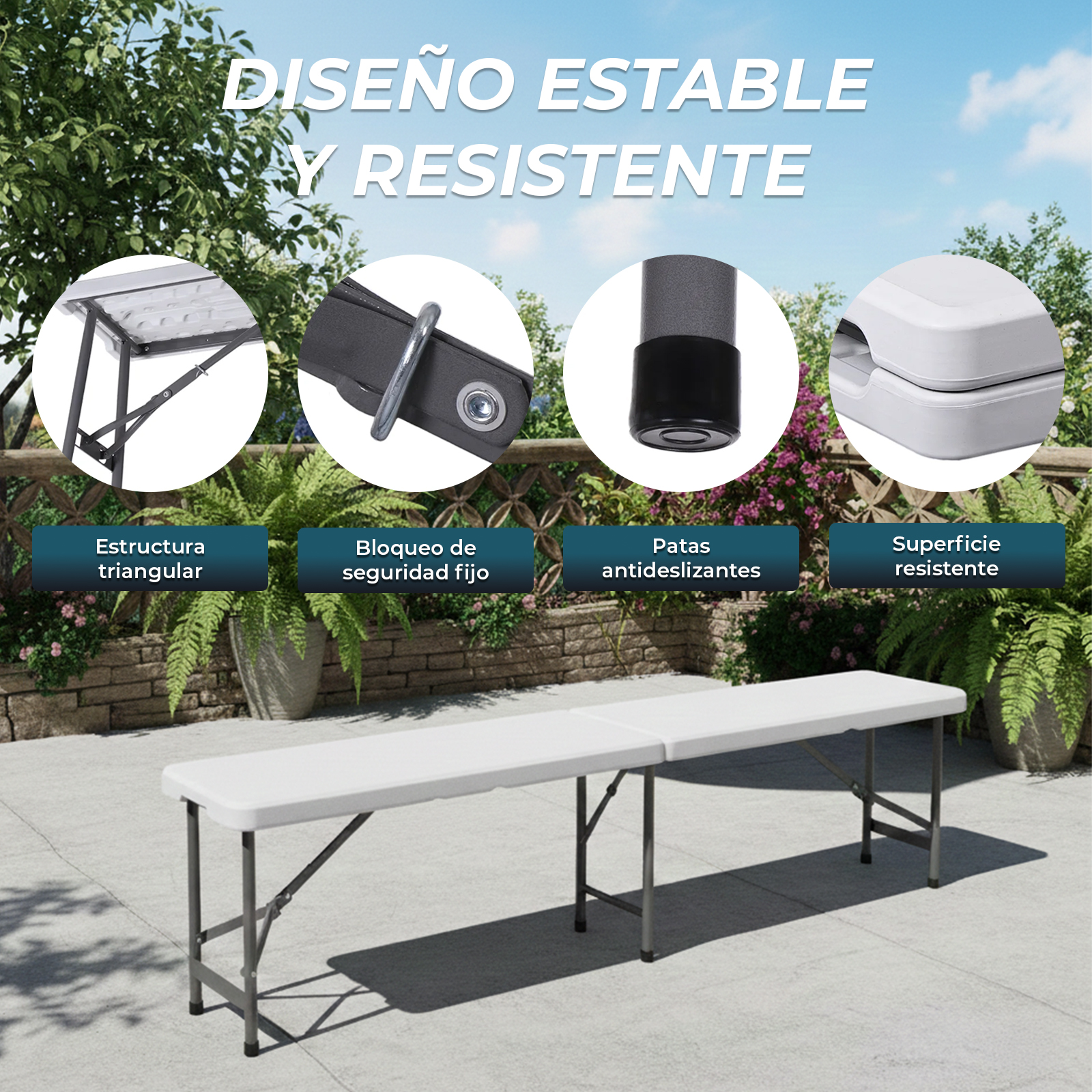 Banco plegable blanco con patas de metal en un patio, con primeros planos de detalles.