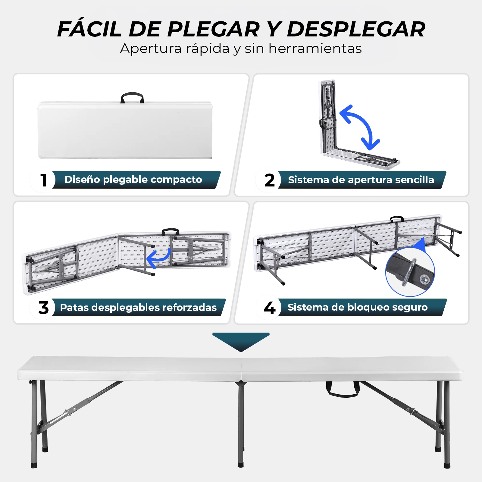 Una mesa plegable blanca que se muestra plegada y desplegada.