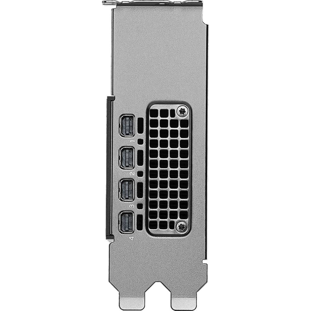 Rückseite einer Grafikkarte mit vier DisplayPort-Anschlüssen und Lüftungsschlitzen.