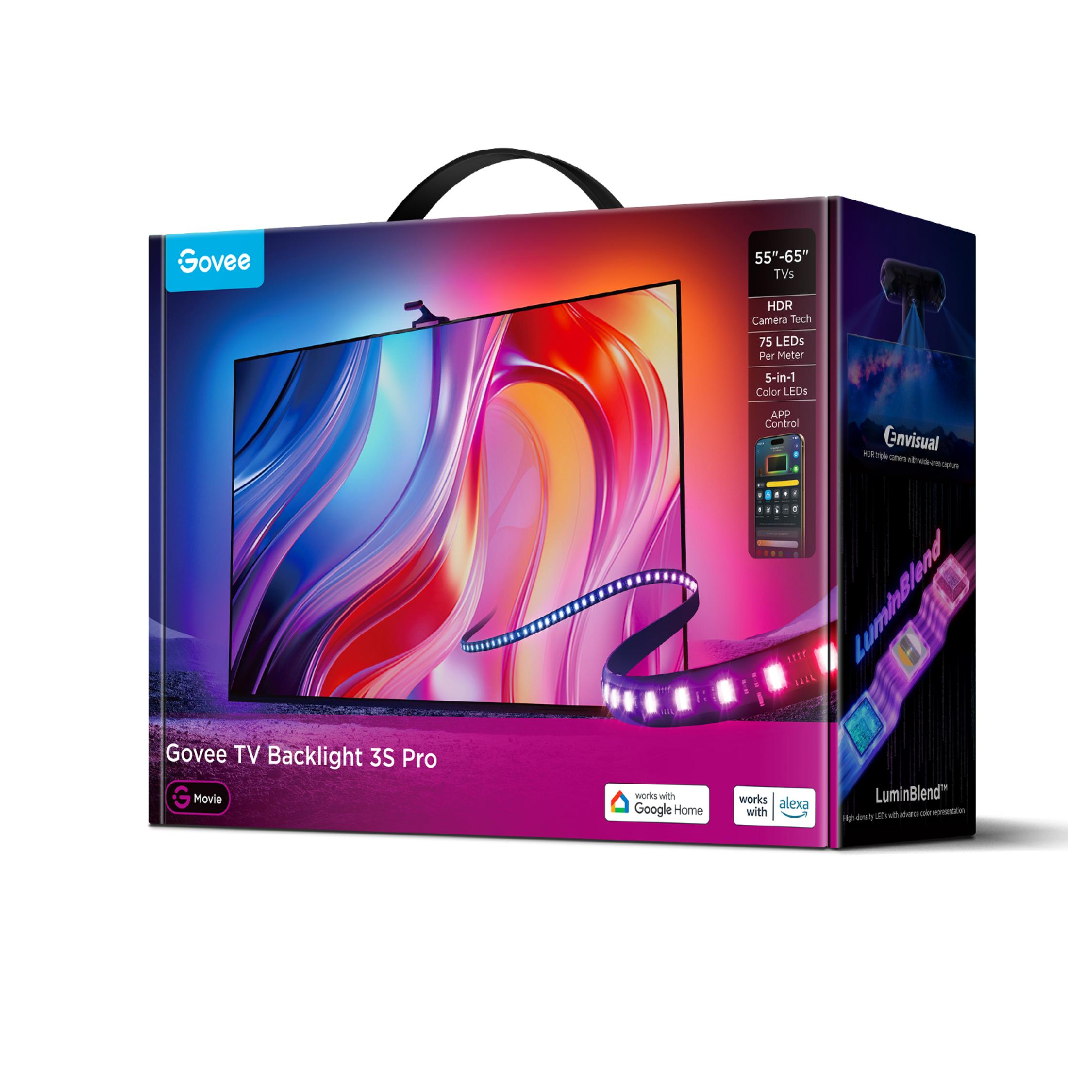 Scatola Govee TV Backlight 3S Pro con schermo colorato, striscia LED e specifiche tecniche.