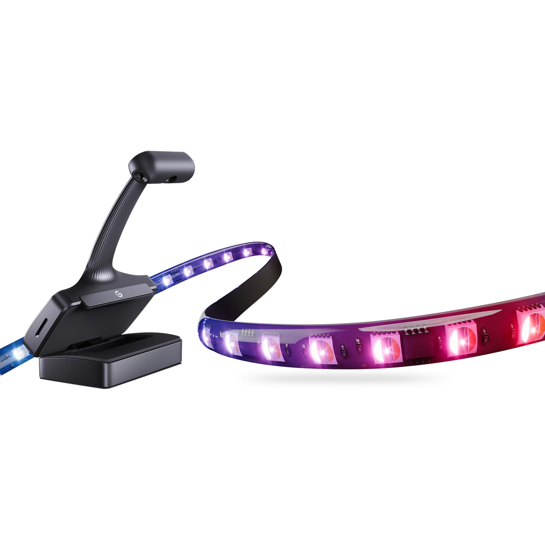 Una base lampada nera con braccio flessibile e striscia LED blu e viola.