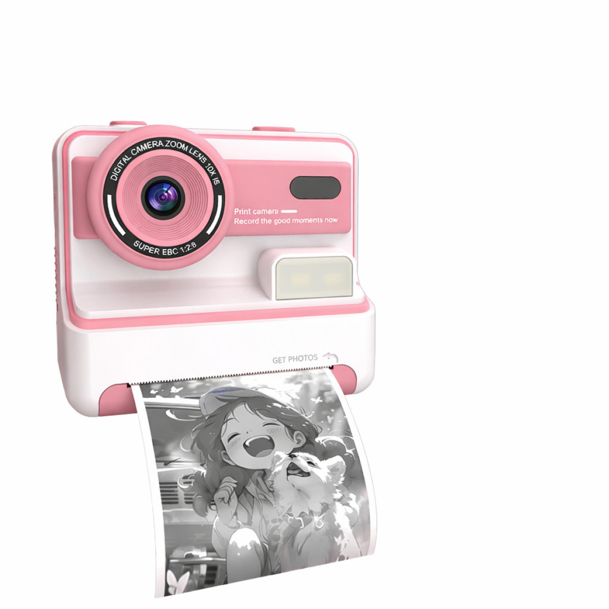 Roze en witte instant print camera met afgedrukte afbeelding van een lachend meisje en hond.