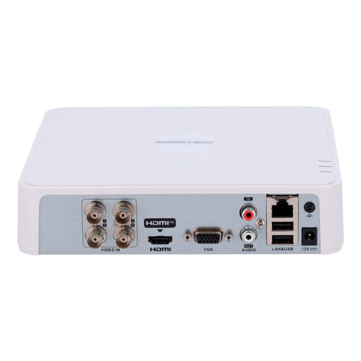 Video In, HDMI, VGA, Ses, LAN/USB, 12V bağlantı noktalarına sahip beyaz Hikvision cihazının arka görünümü.