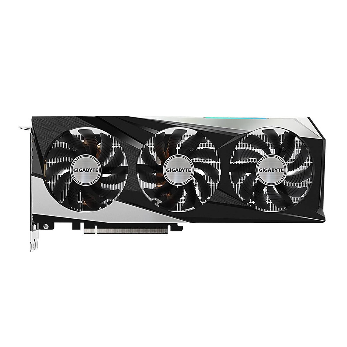 Czarna karta graficzna z trzema wentylatorami i srebrnymi akcentami.