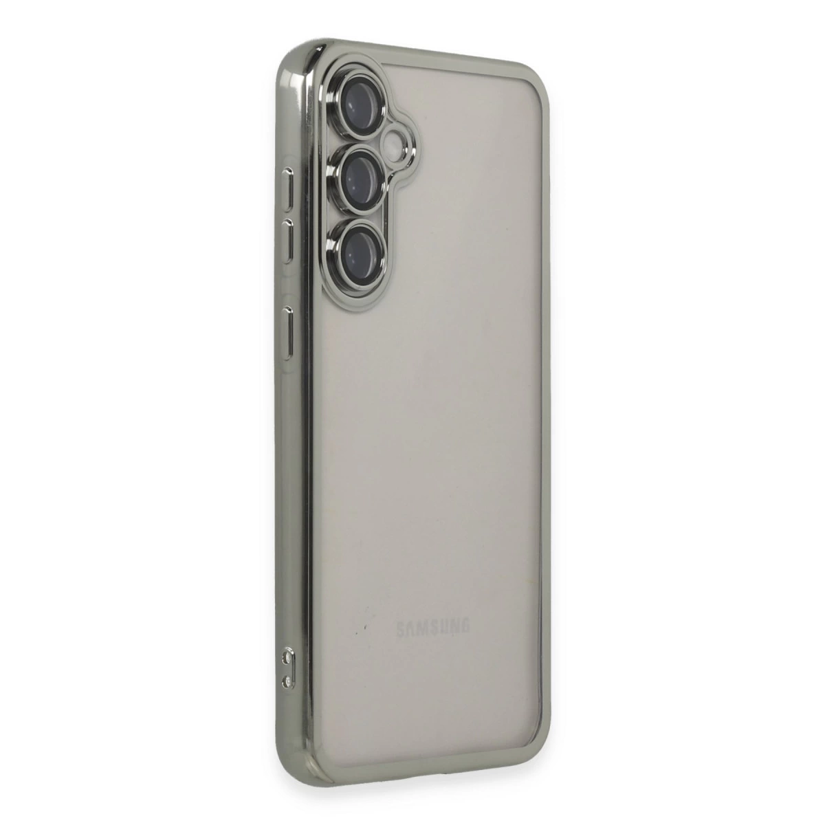 Gümüş kenarlı ve üç kamera lensli şeffaf telefon kılıfı.