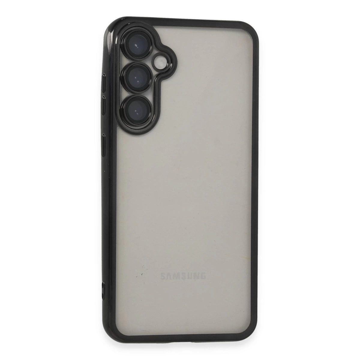 Üç kamera lensli ve Samsung logolu siyah telefon kılıfı.