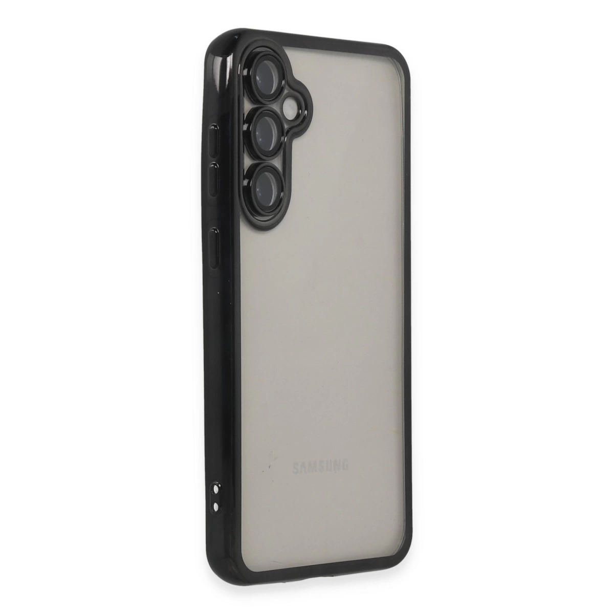 Üç kamera lensli ve şeffaf arka kapaklı siyah telefon kılıfı.