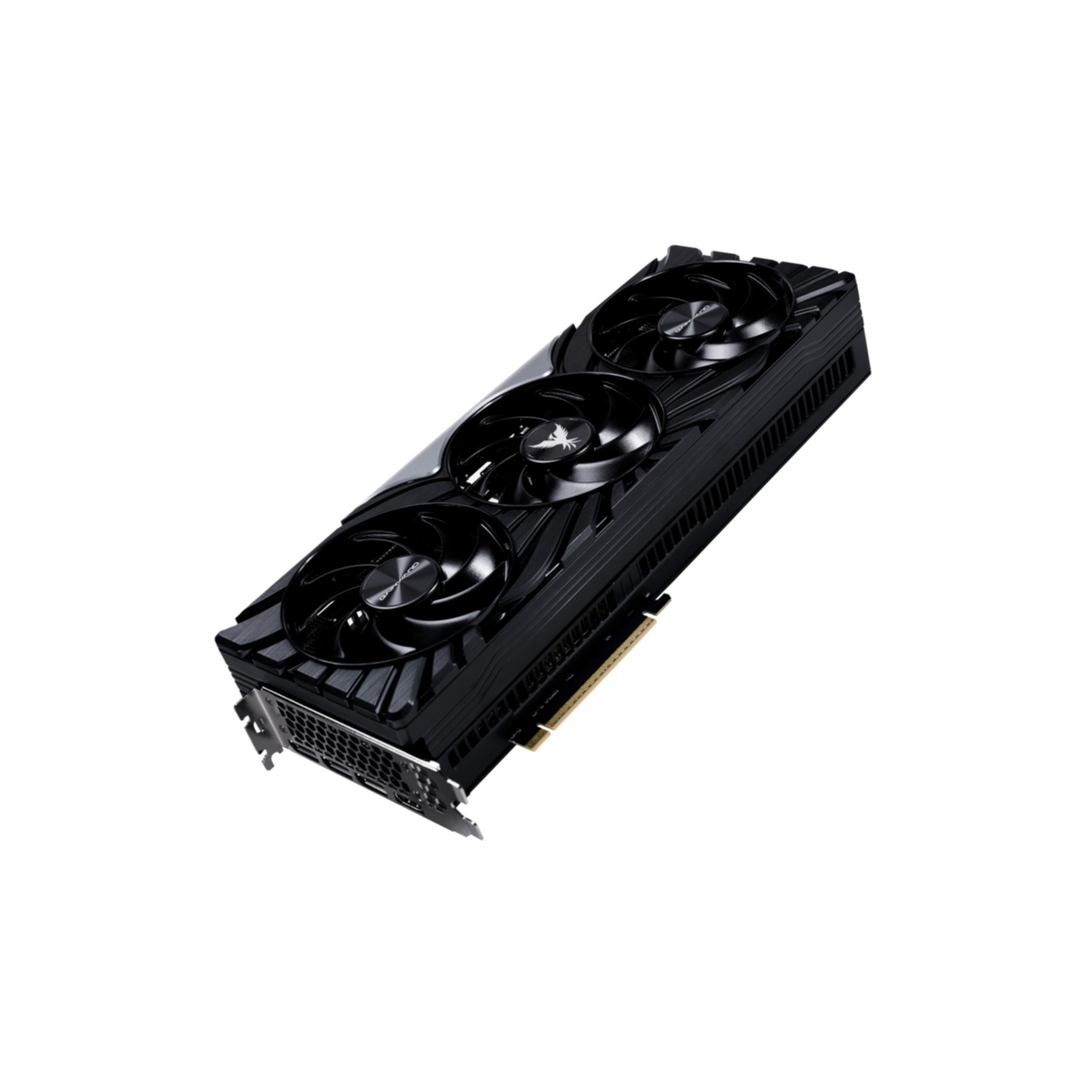 Black graphics card with three fans and a white bird logo on a white background.