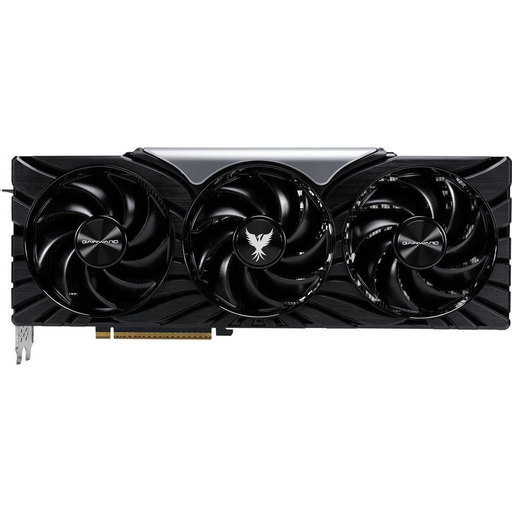 A black graphics card with three fans and a phoenix logo.