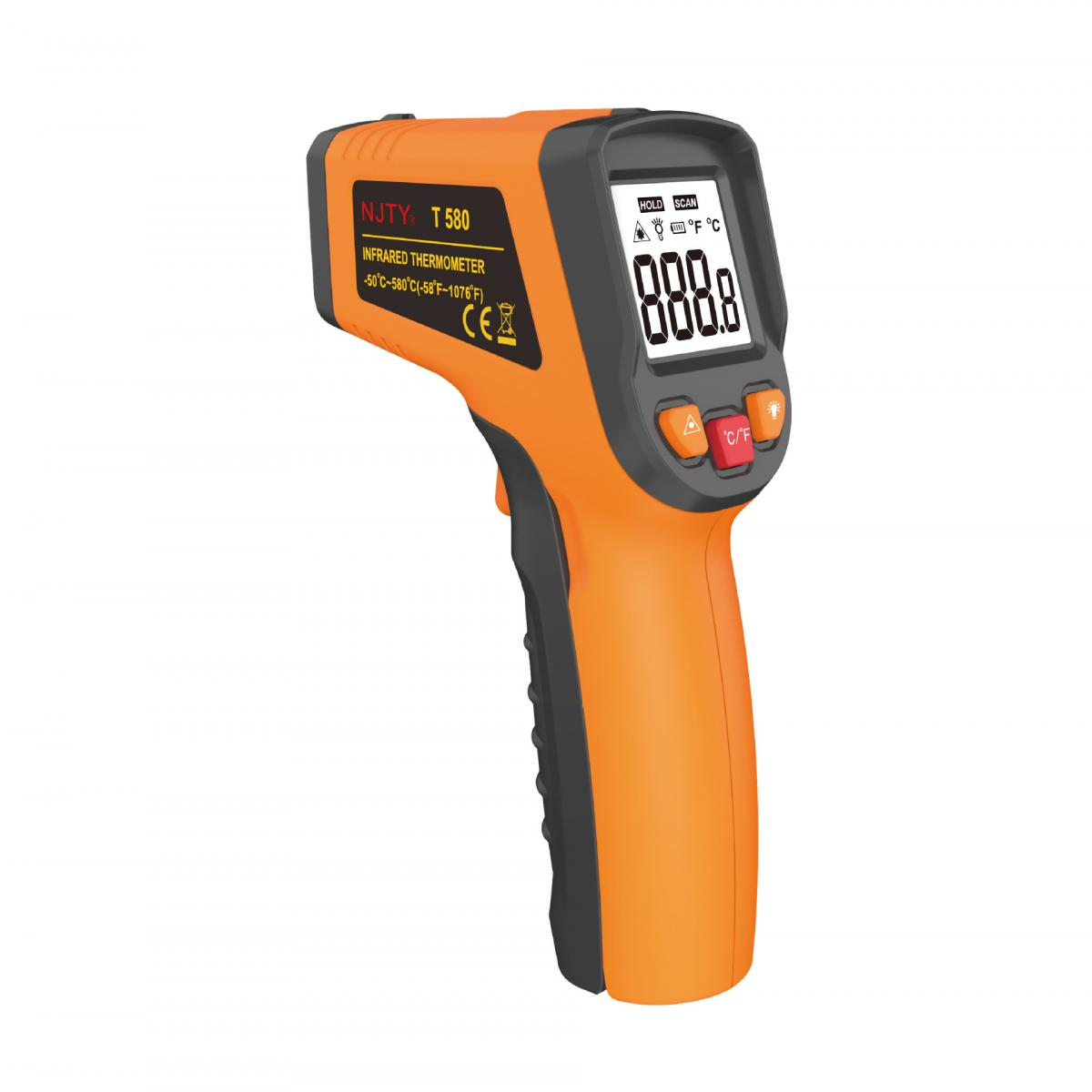 Ein orangefarbenes Infrarot-Thermometer mit digitaler Anzeige.