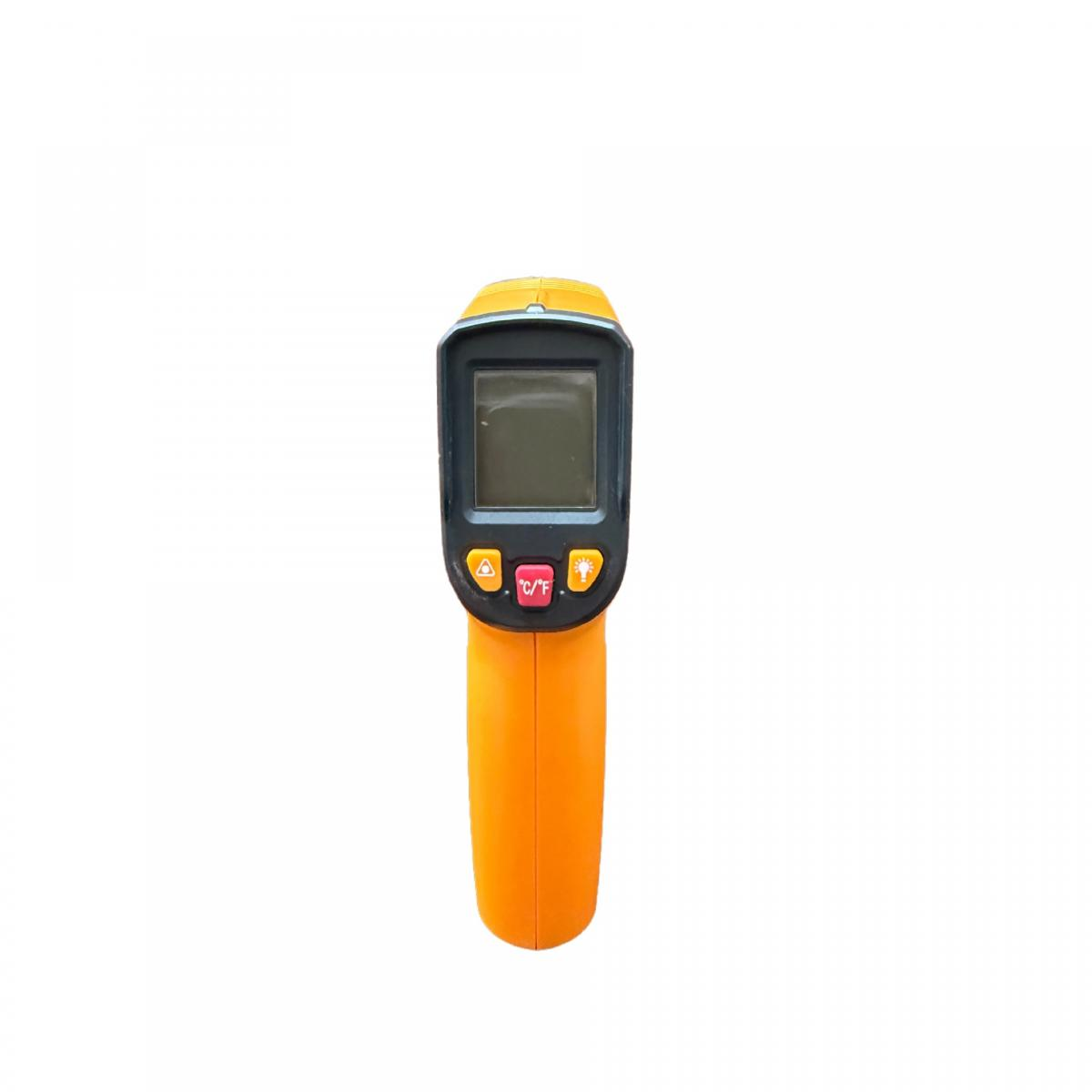 Ein orange-gelber Infrarot-Thermometer mit einem schwarzen Bildschirm und Tasten.