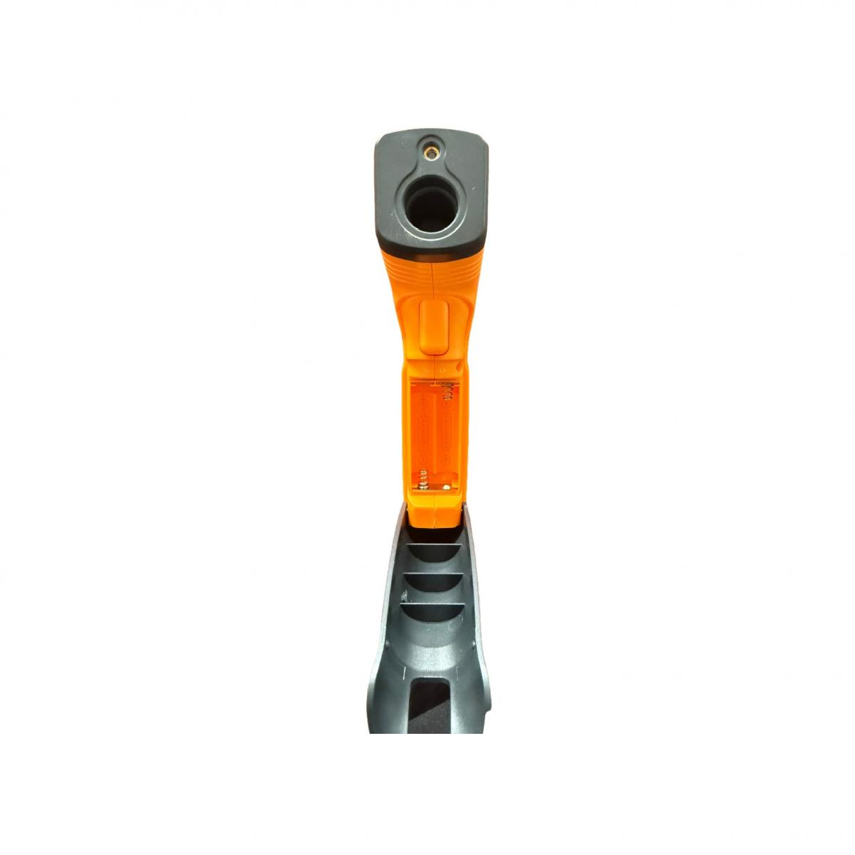 Orange und graues Infrarot-Thermometer mit offenem Batteriefach.