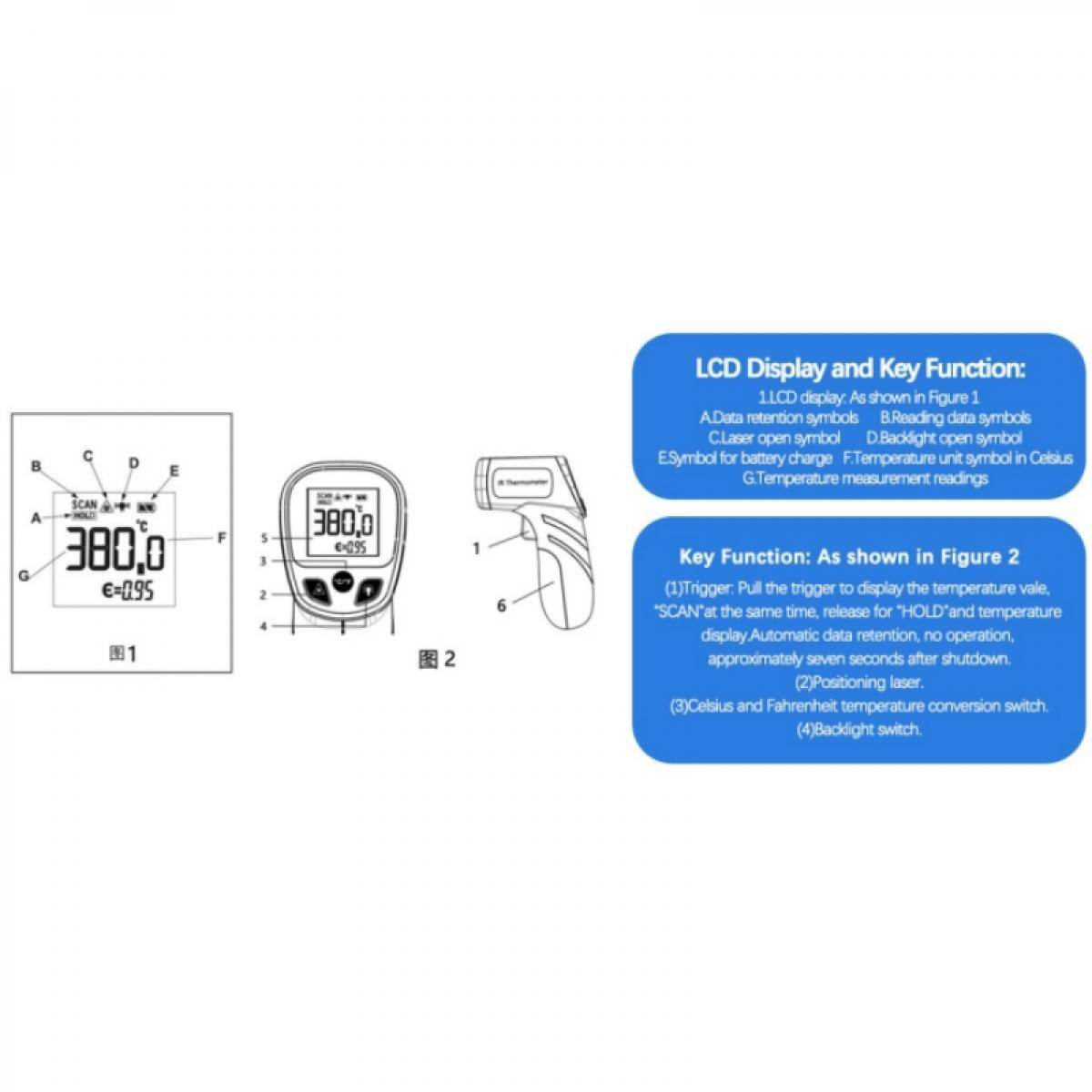 Diagramm eines Thermometers mit LCD-Anzeige und Tastenfunktionen.