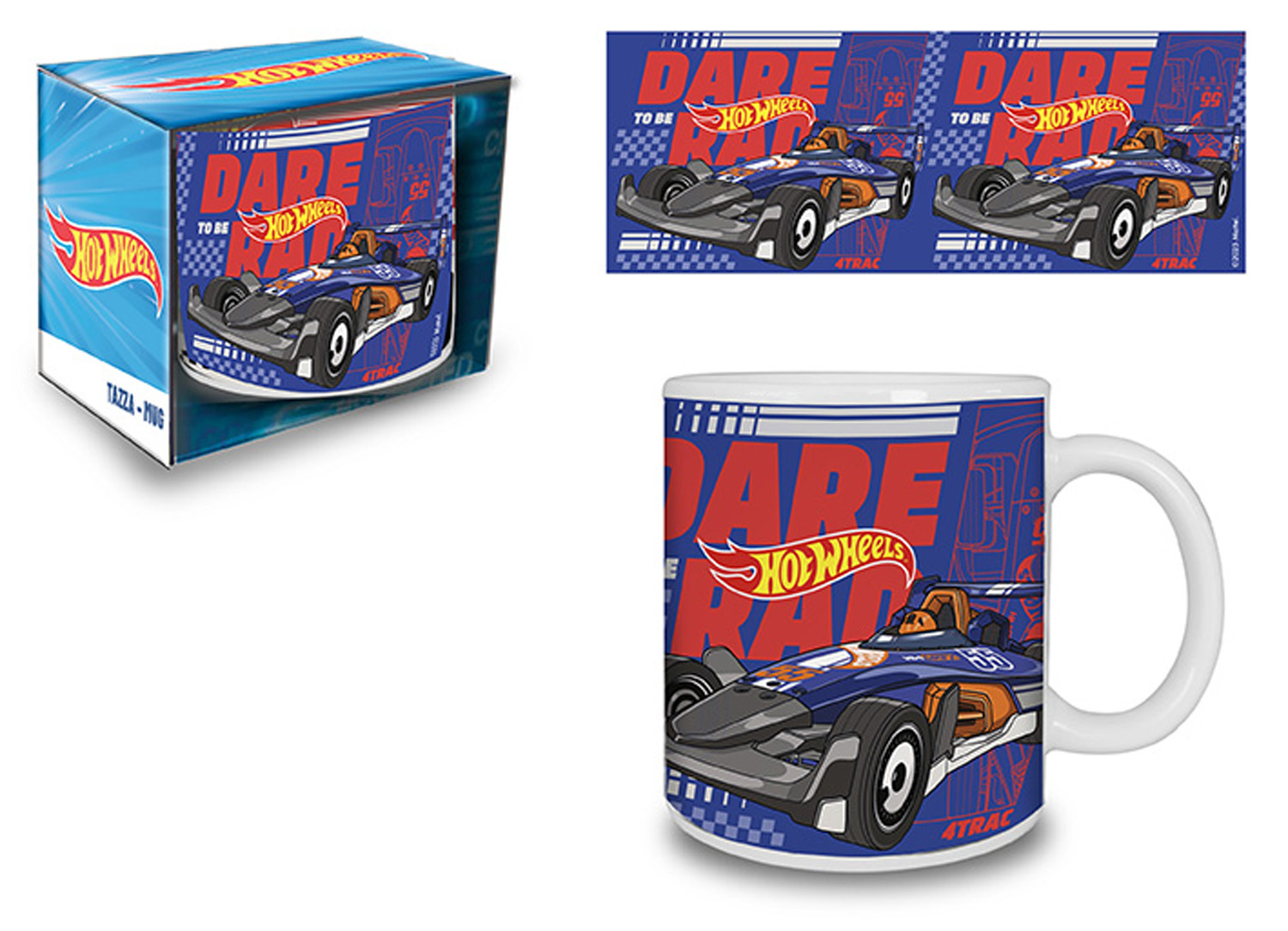 Blauer Hot Wheels Rennwagen auf Tasse und Verpackung mit Schriftzug.